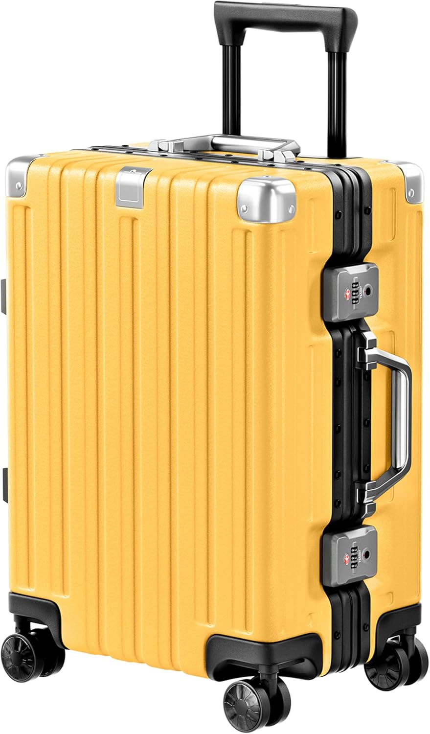 Carry On Luggage Aluminum Frame No Zipper Metal Hardshell PC+ABS Luggage Airline Approved Suitcase with Spinner Wheels 20 Inch Yellow